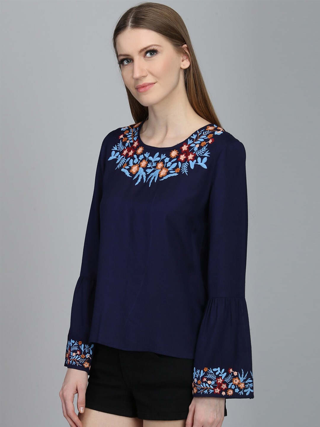 

DODO & MOA Navy Blue Embroidered Styled Back Top