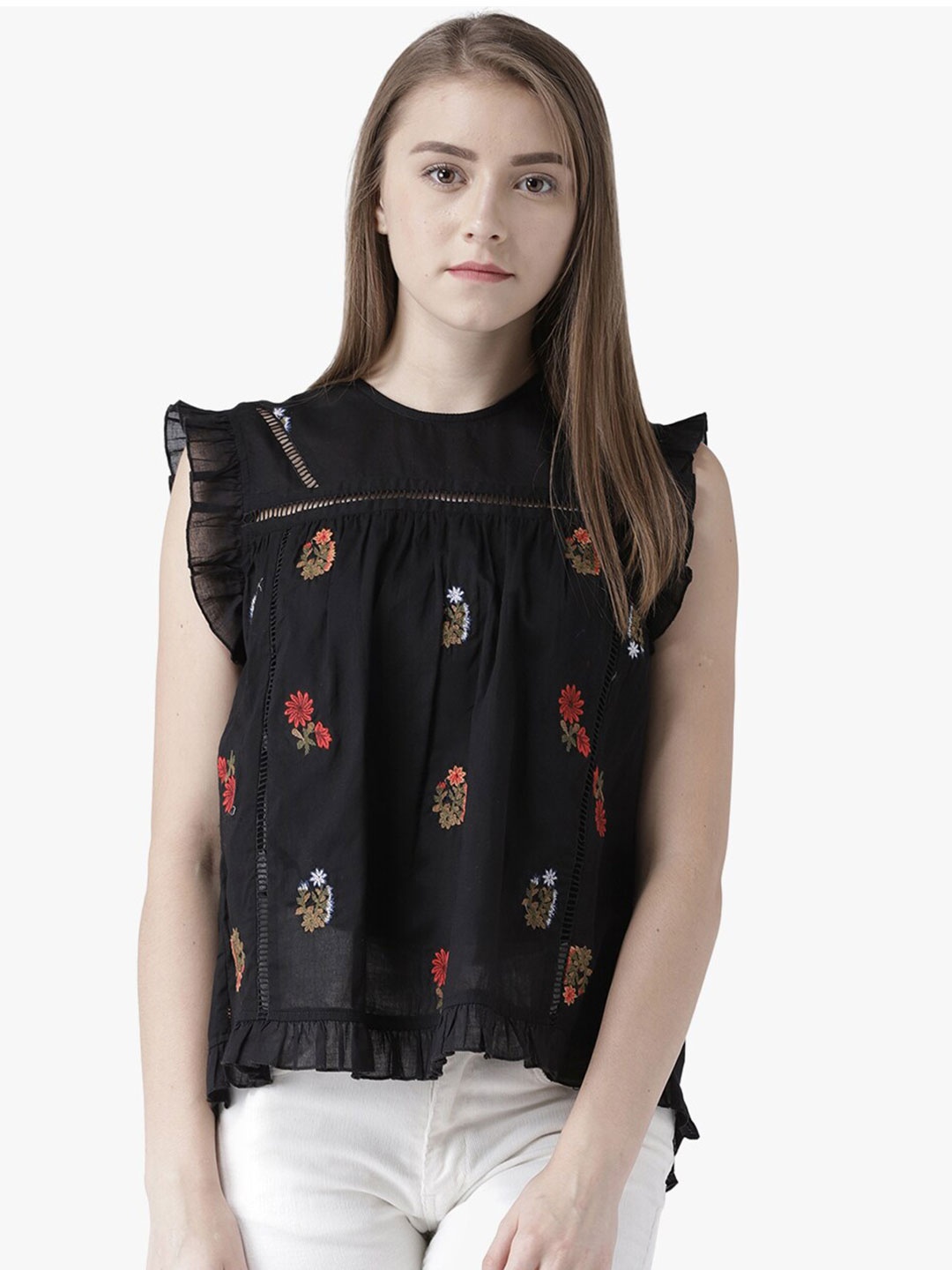 

DODO & MOA Black & Red Embroidered Styled Back Top