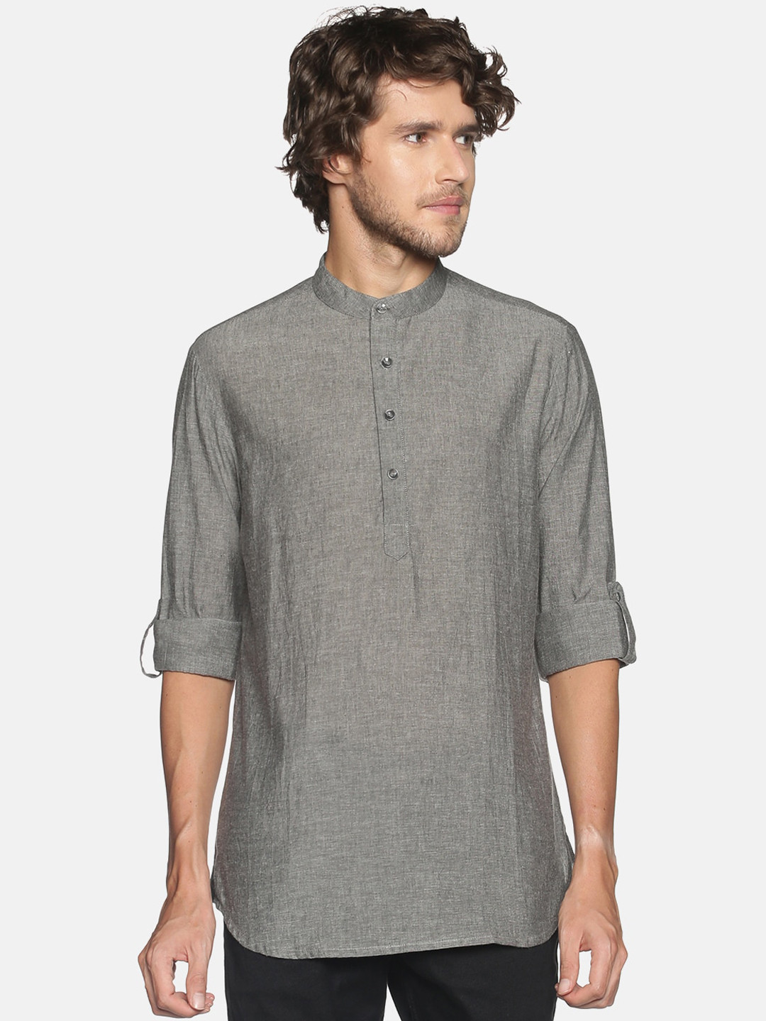 

Saffron Threads Men Grey Melange Chambray Short Kurta
