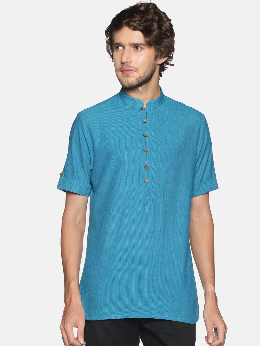 

Saffron Threads Men Turquoise Blue Chambray Pure Cotton Short Kurta