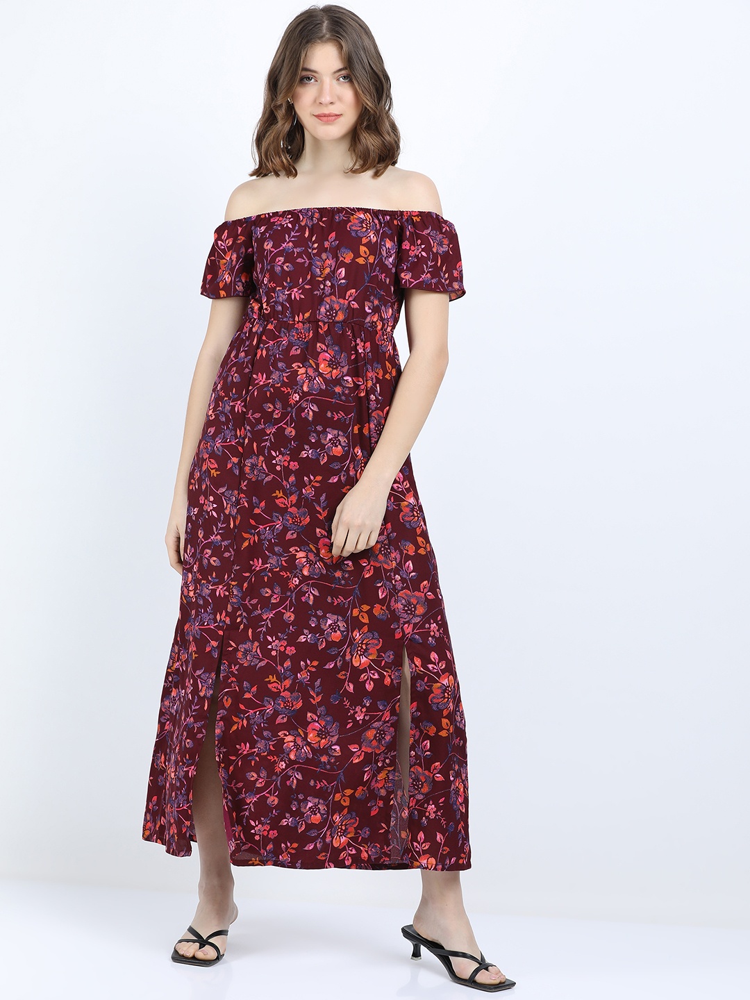 

Tokyo Talkies Maroon Floral Off-Shoulder Midi Dress