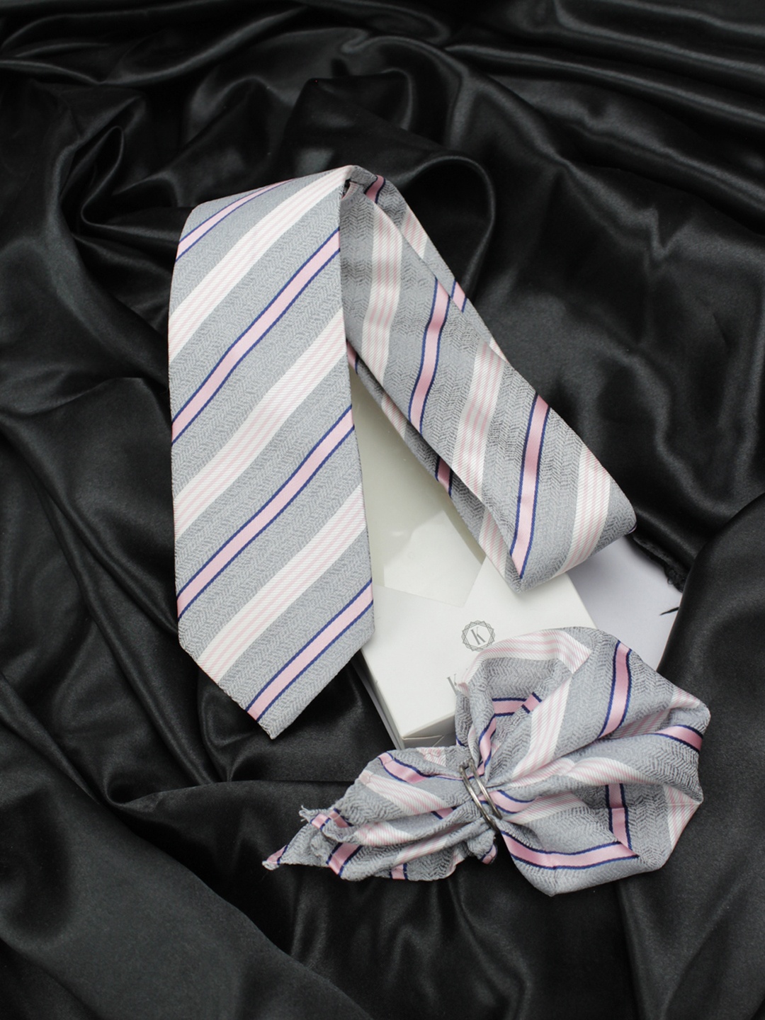 

Kovove Unisex Grey & Pink Tie with Pocket Square