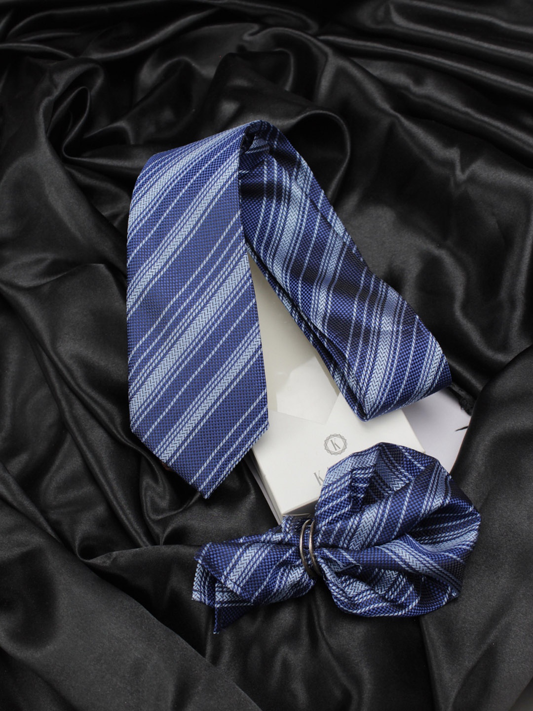 

KOVOVE Men Blue Striped Neck Tie & Pocket Square Accessory Gift Set