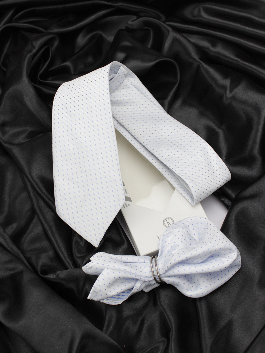 

KOVOVE Men White & Blue Self Design Neck Tie & Pocket Square Accessory Gift Set