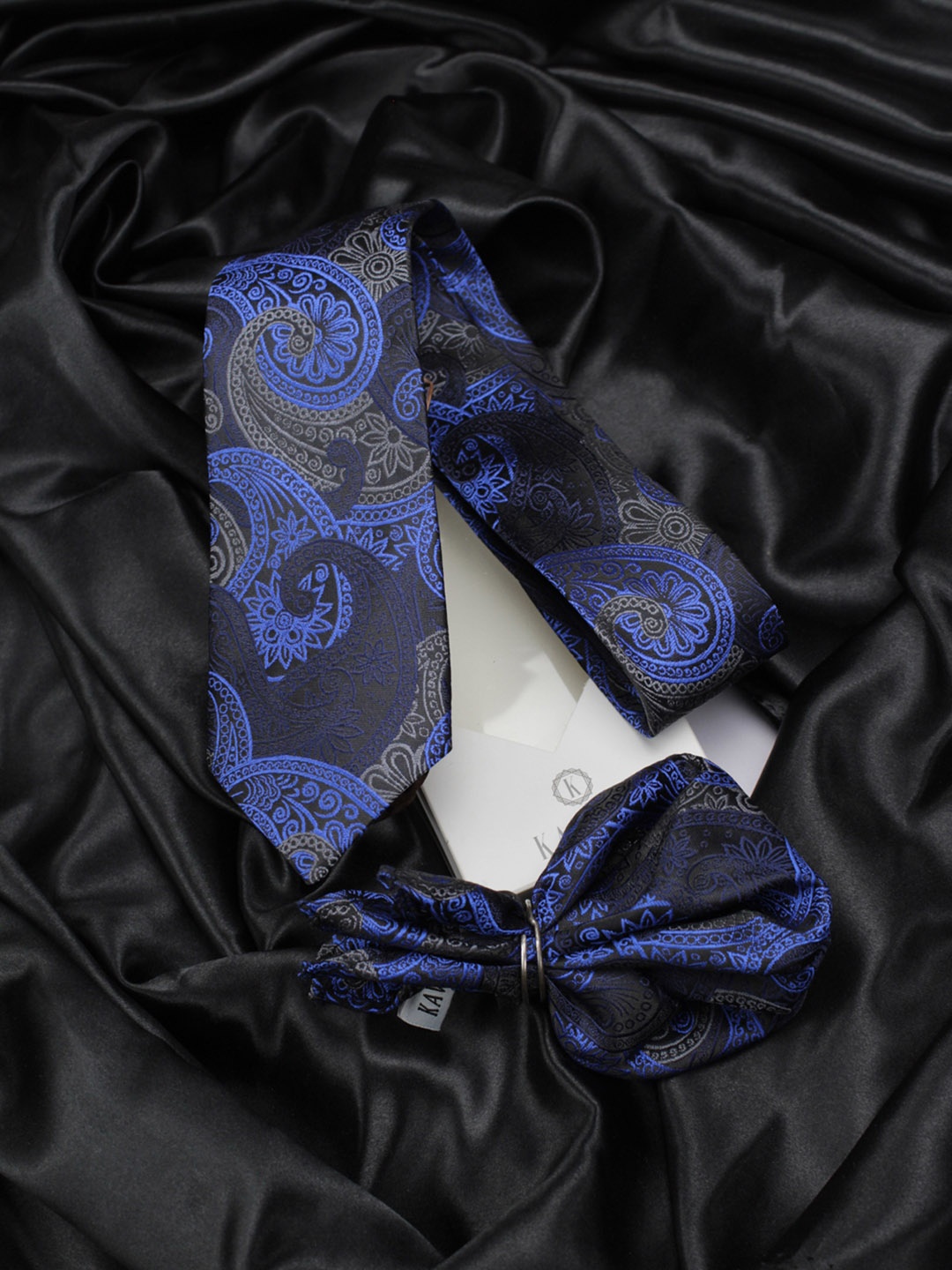 

Kovove Navy Blue & Black Tie with Pocket Square