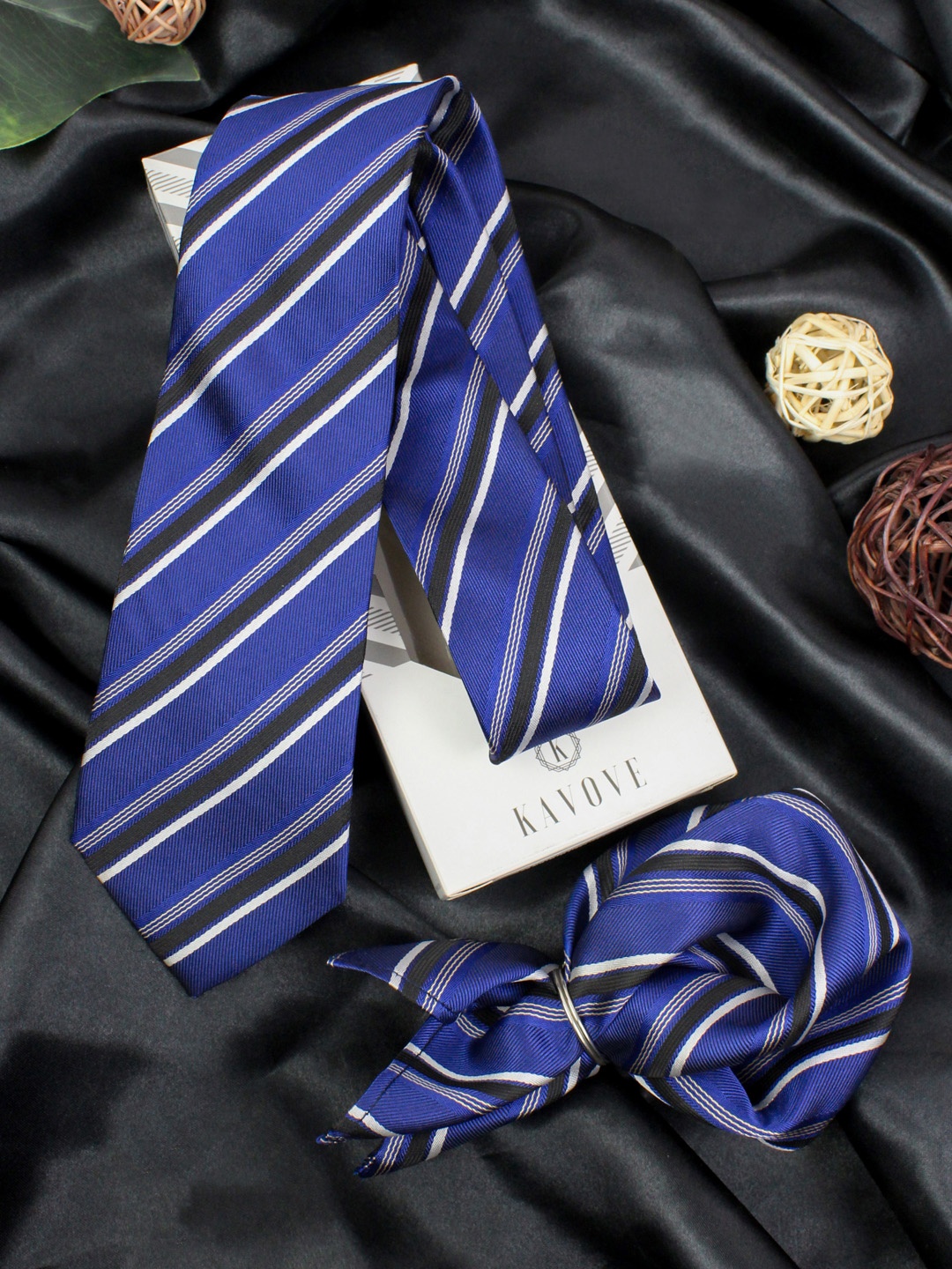 

KOVOVE Men Blue Striped Neck Tie & Pocket Square Gift Set