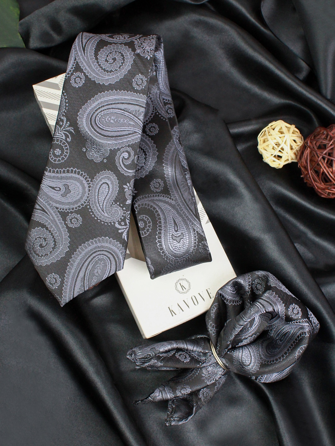 

KOVOVE Black Printed Neck Tie & Pocket Square Accessory Gift Set