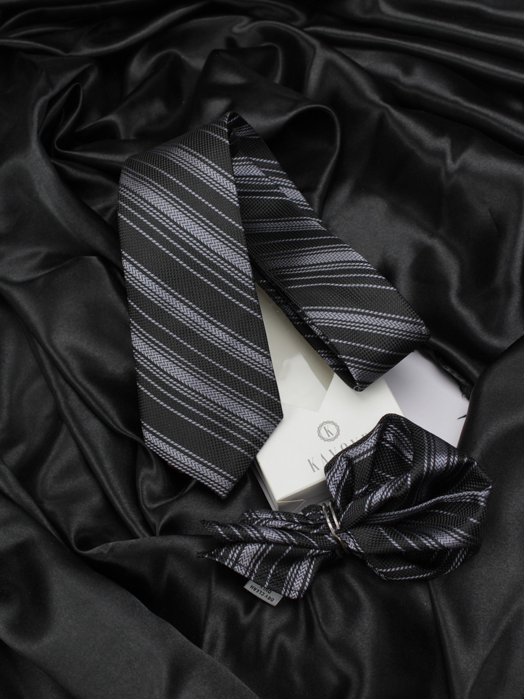 

KOVOVE Black Striped Neck Tie & Pocket Square Accessory Gift Set