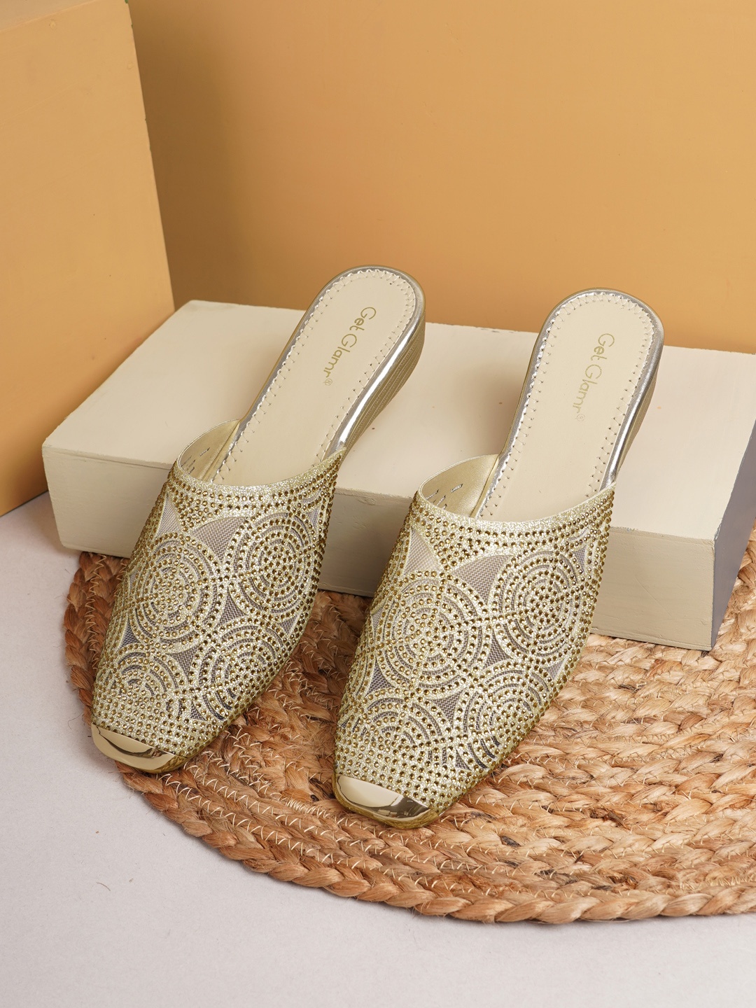 

Get Glamr Women Gold-Toned Embellished Leather Ethnic Mules Flats