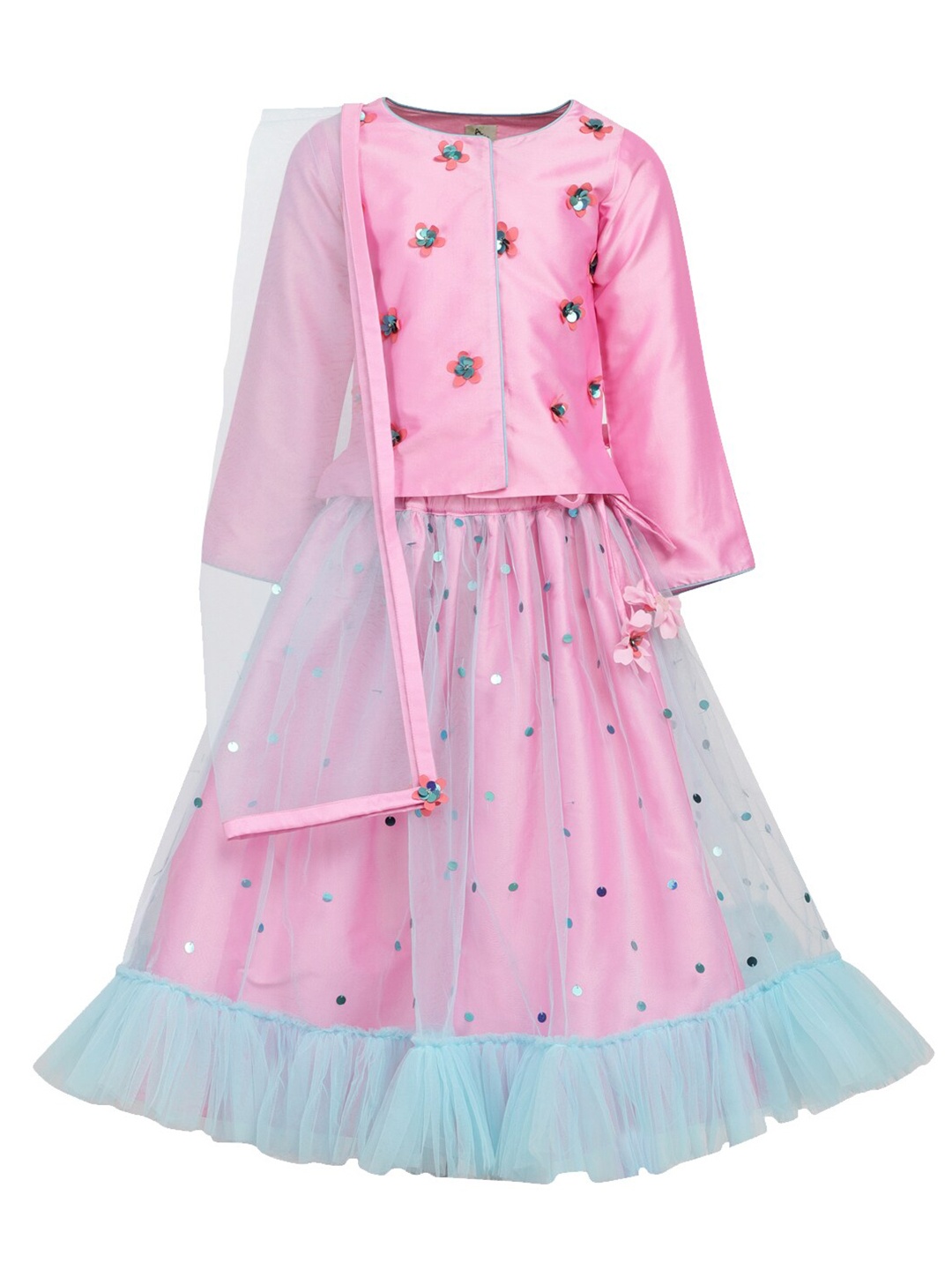 

A Little Fable Girls Embroidered Ready to Wear Lehenga & Blouse With Dupatta, Pink