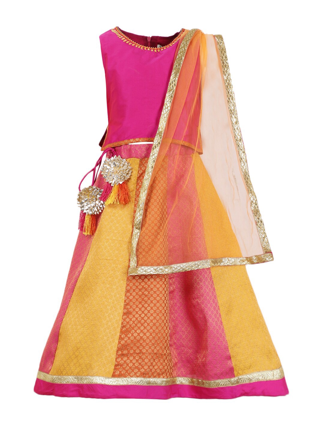 

A Little Fable Girls Fuchsia & Mustard Ready to Wear Lehenga & Blouse With Dupatta