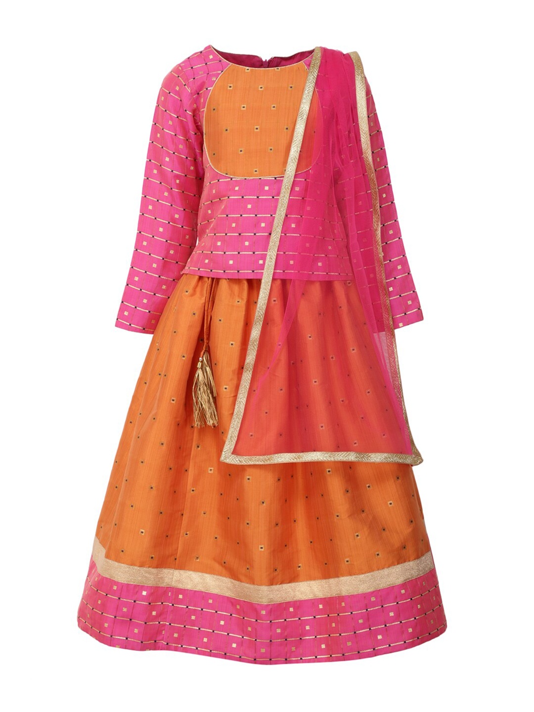 

A Little Fable Girls Orange & Fuchsia Ready to Wear Lehenga & Blouse With Dupatta