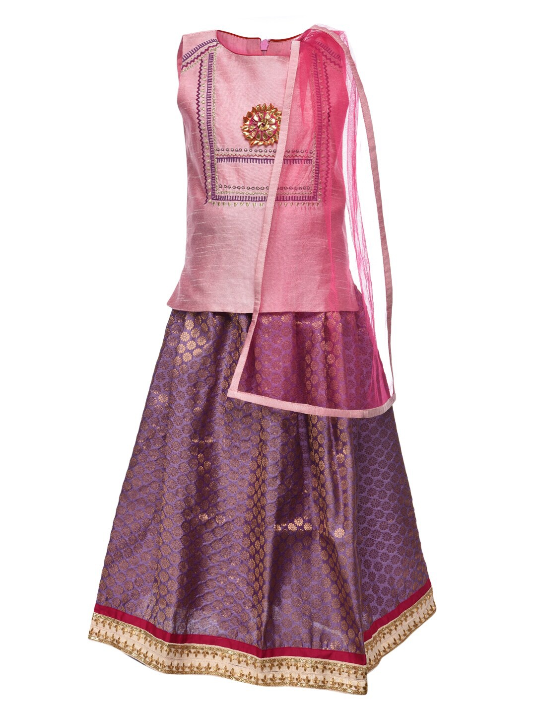 

A Little Fable Girls Pink & Purple Embroidered Ready to Wear Lehenga Blouse & Net Dupatta