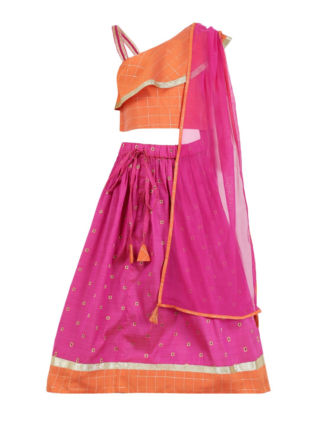 

A Little Fable Girls Orange & Fuchsia Ready to Wear Lehenga & Blouse With Dupatta