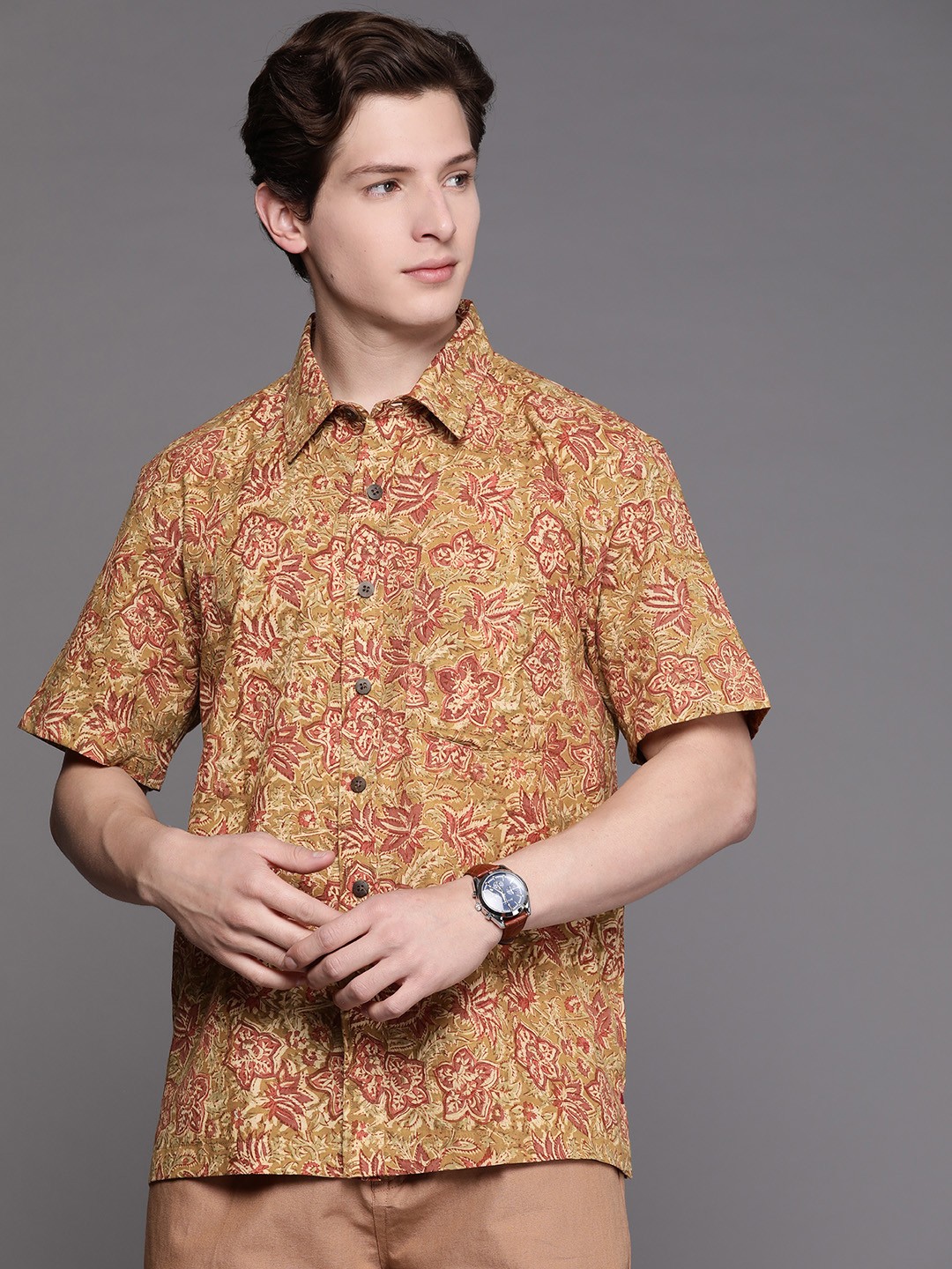 

Fabindia Men Mustard Yellow & Rust Red Ethnic Printed Cotton Shirt