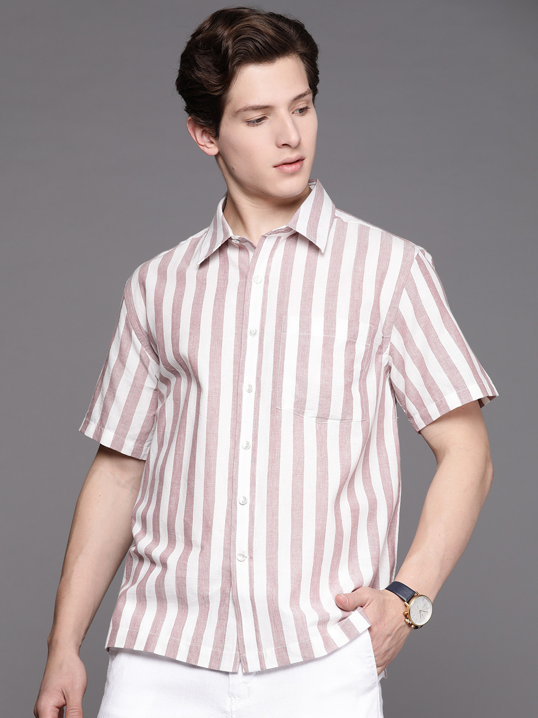 

Fabindia Men Pink & White Striped Nagari Cotton Shirt