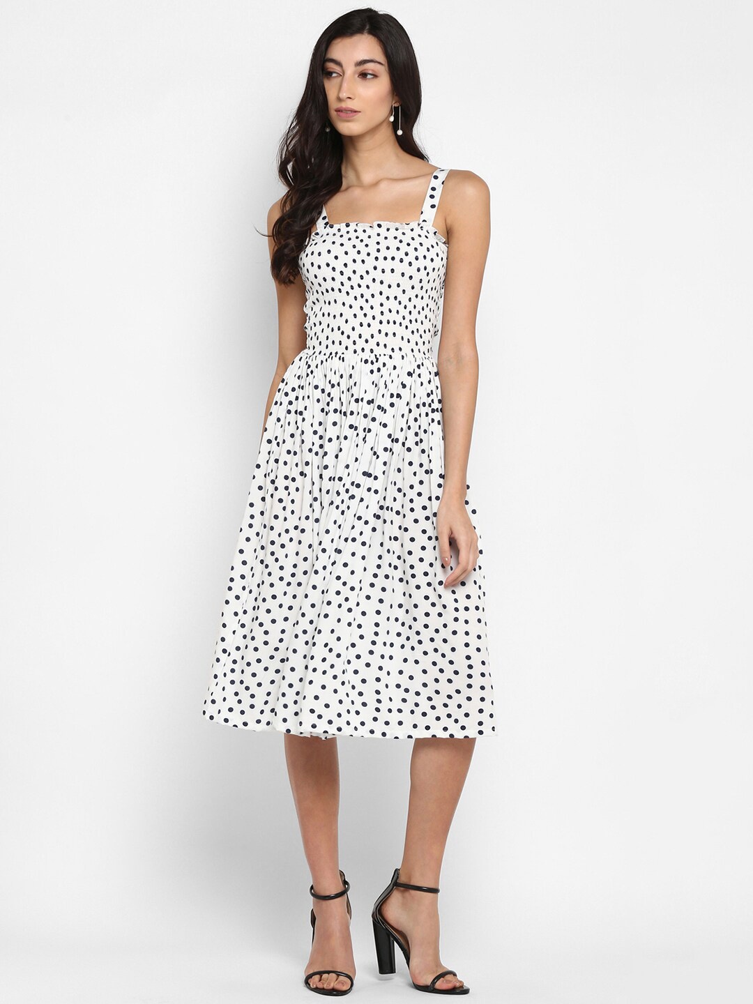 

DEEBACO White Polka Dot Midi Smocking Dress