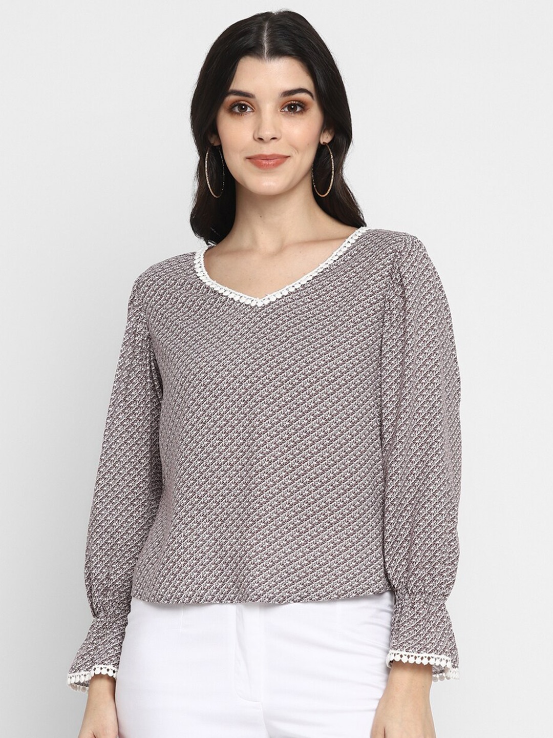 

DEEBACO Brown & White Geometric Print Pure Cotton Top