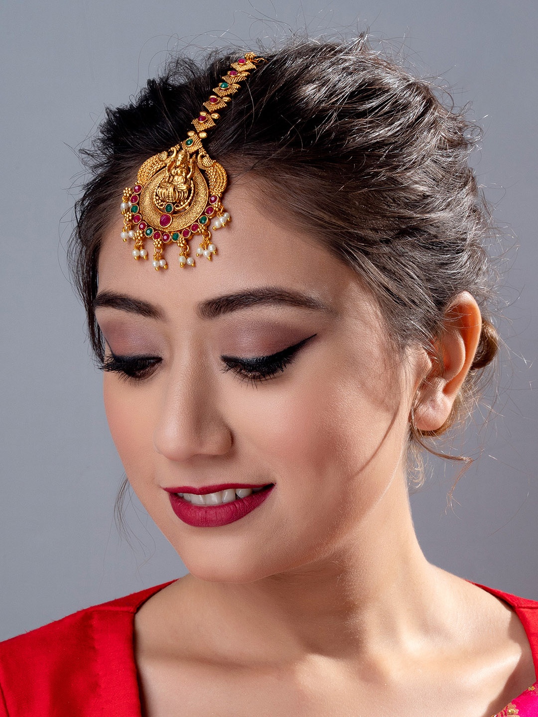 

aadita Gold-Plated Pearl Antique Temple Maangtikka