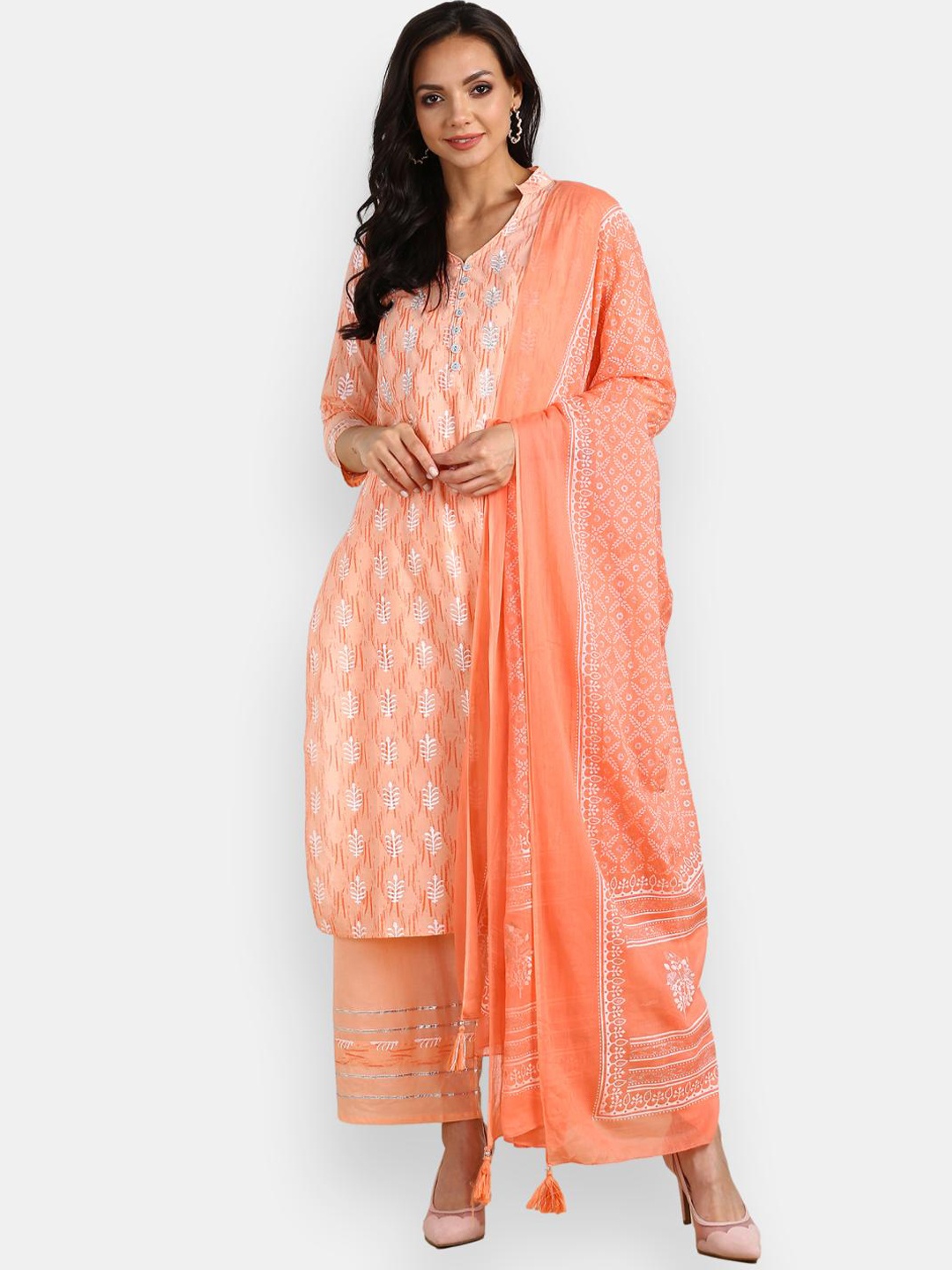 

VEDANA Women Peach-Coloured Ethnic Motifs Pure Cotton Kurta with Palazzos & With Dupatta