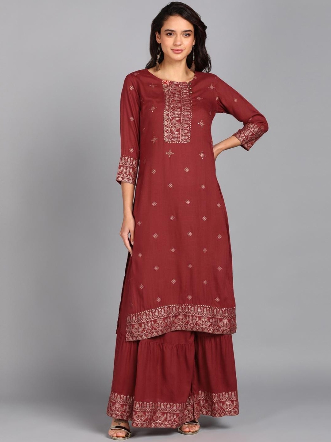 

VEDANA Women Maroon Ethnic Motifs Embroidered Sequinned Kurti with Sharara