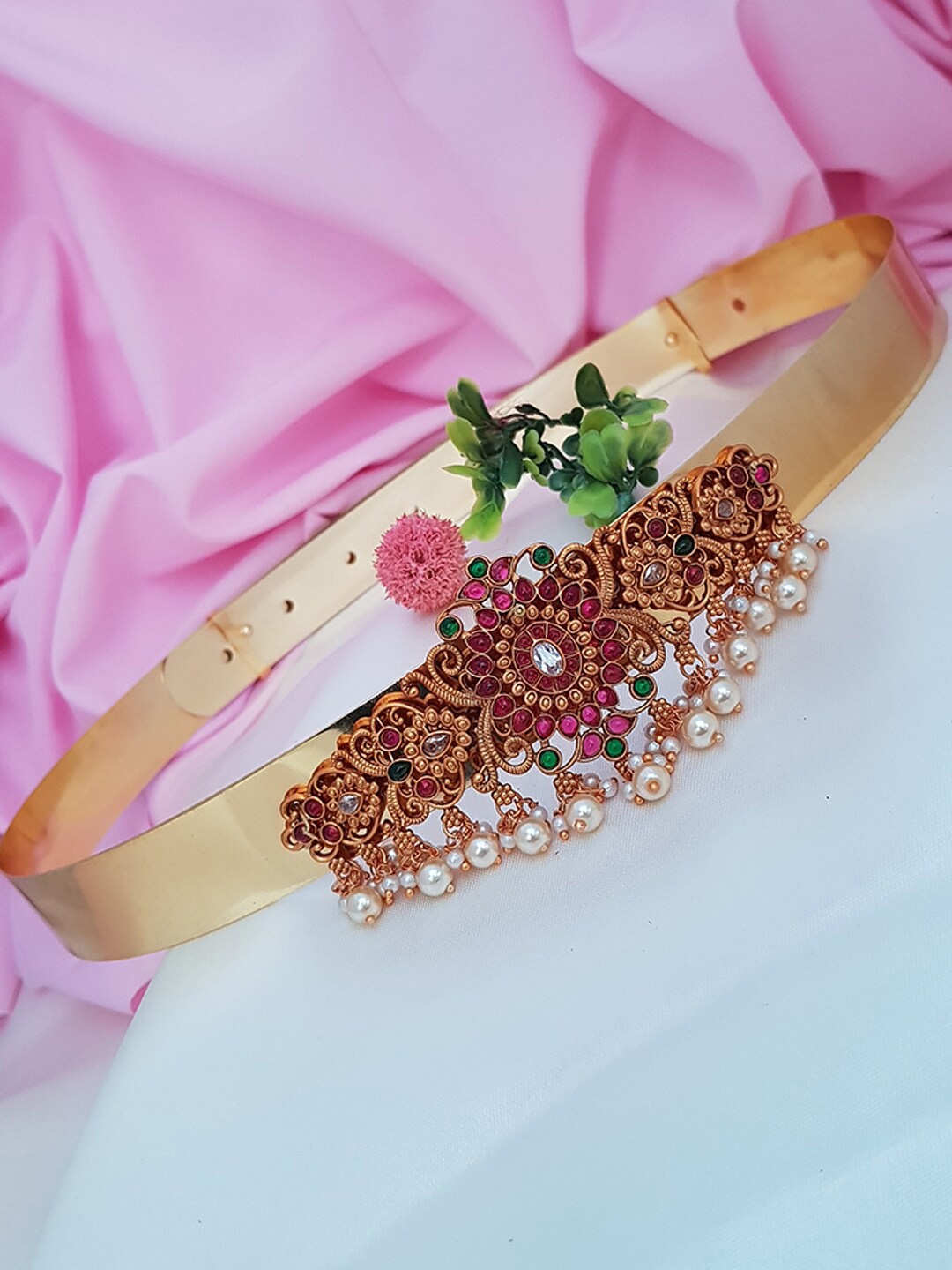 

GRIIHAM Gold-Plated & Red CZ Studded Kamarbandh