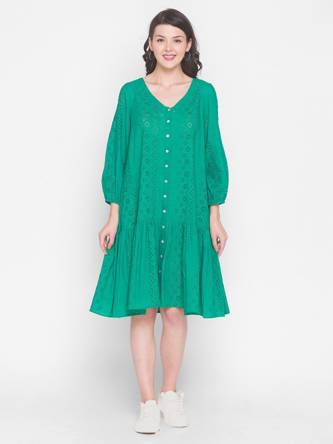 

TERQUOIS Green Drop-Waist Layered Pure Cotton Dress
