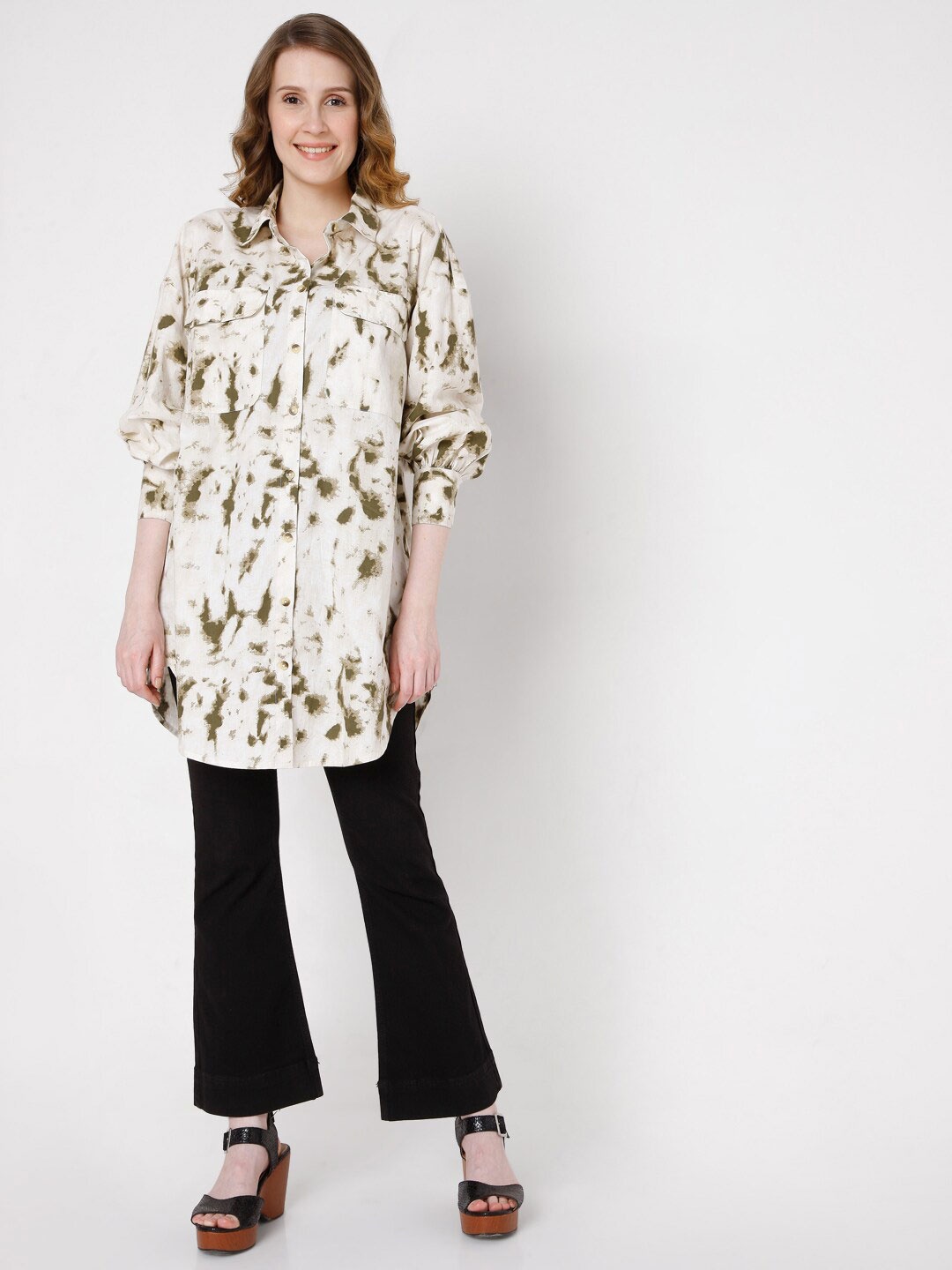 

Vero Moda Women Off White & Brown Printed Longline Casual Cotton Shirt
