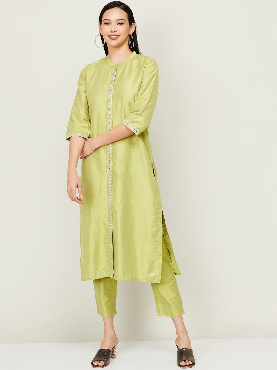 

Melange by Lifestyle Women Lime Green Gotta Patti Kurti with Trousers & With Dupatta