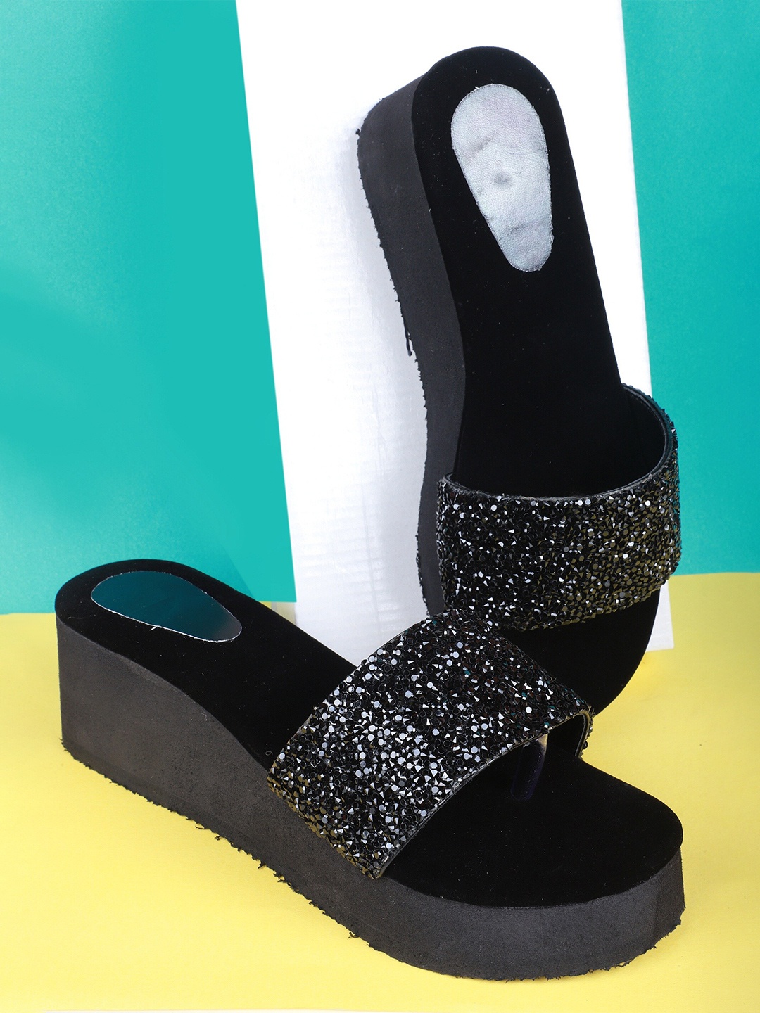 

FABBMATE Women Black Embellished Wedge Sandals