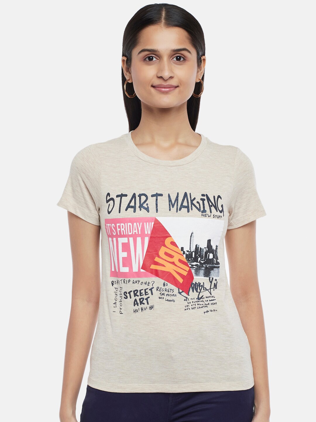 

Honey by Pantaloons Women Beige Typography Printed T-shirt