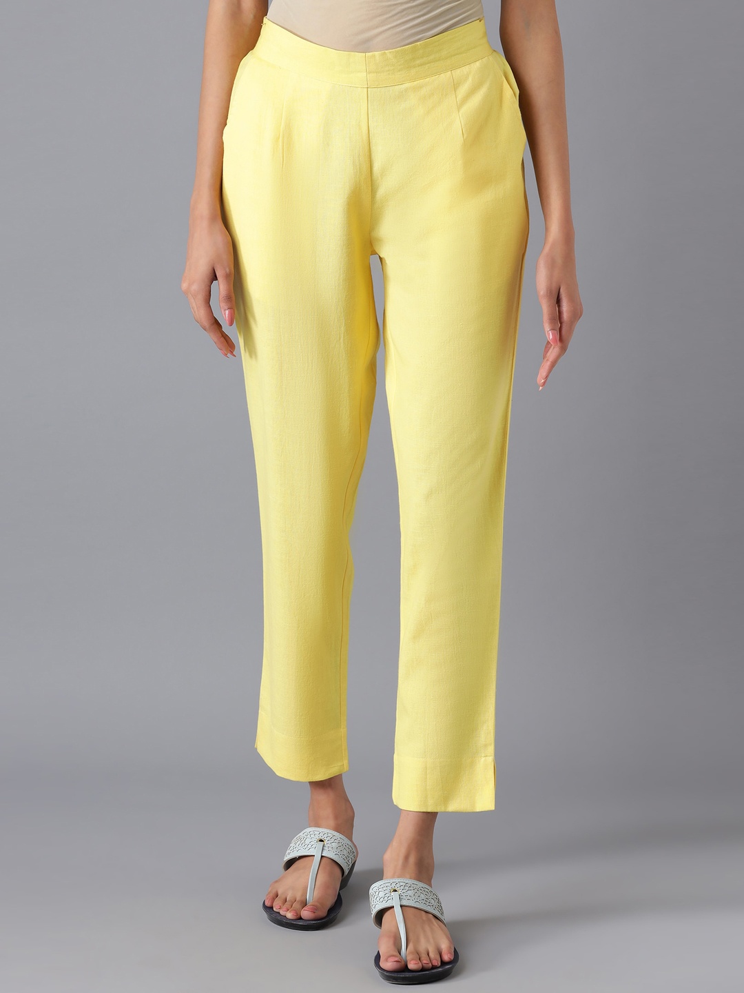 

AURELIA Women Yellow Solid Trousers