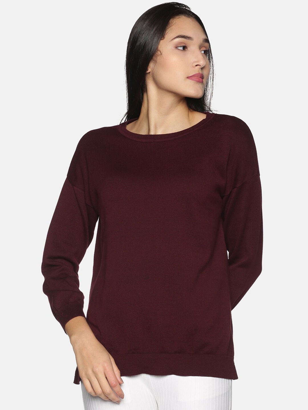 

Blissclub Women Burgundy Pure Cotton Extended Sleeves NonStop Top