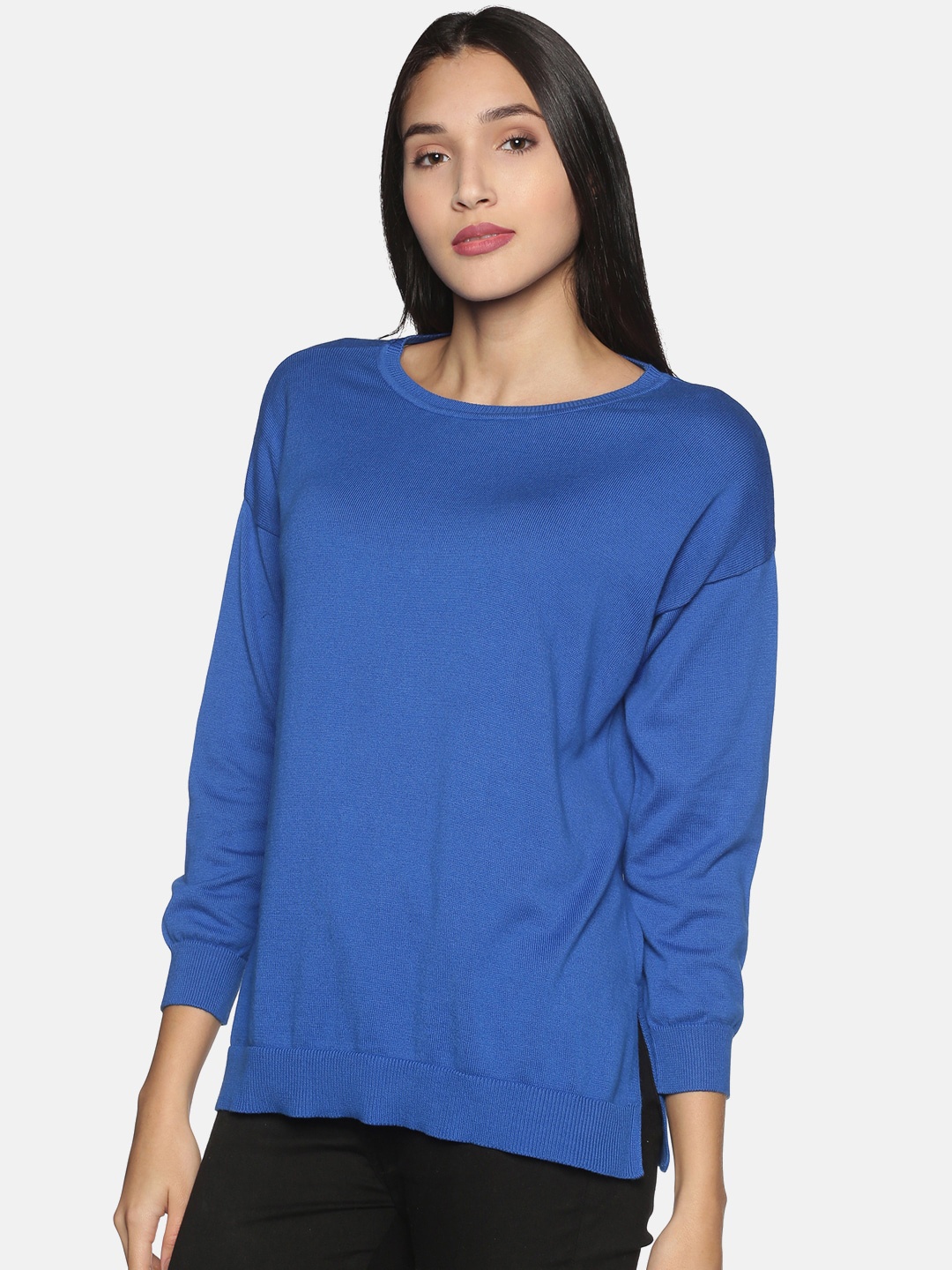 

Blissclub Women Navy Blue Pure Cotton Extended Sleeves NonStop Top
