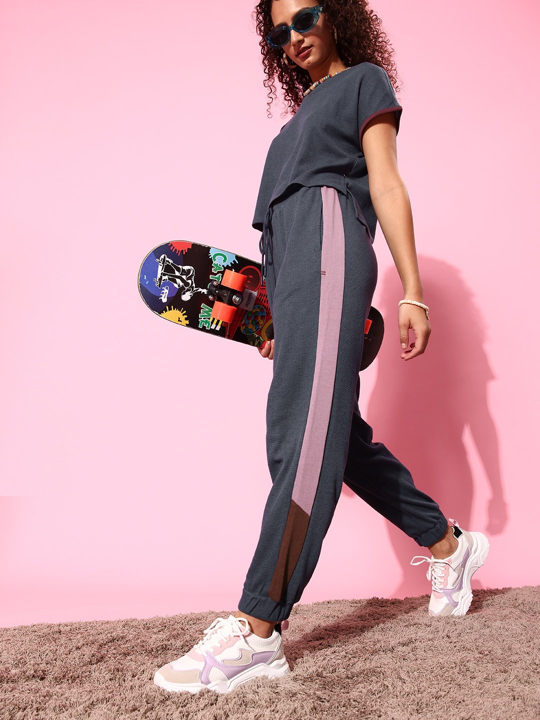 

Roadster Women Blue Self-Design T-Shirt with Joggers