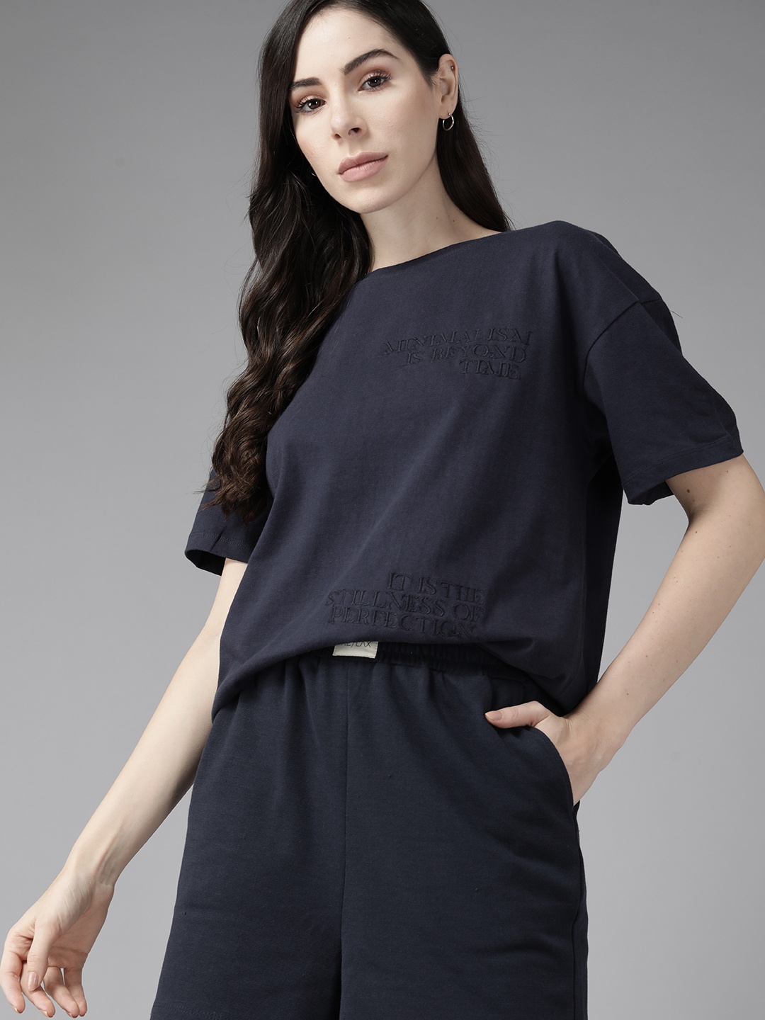 

Roadster Women Navy Blue Pure Cotton Embroidered T-Shirt & Shorts Set