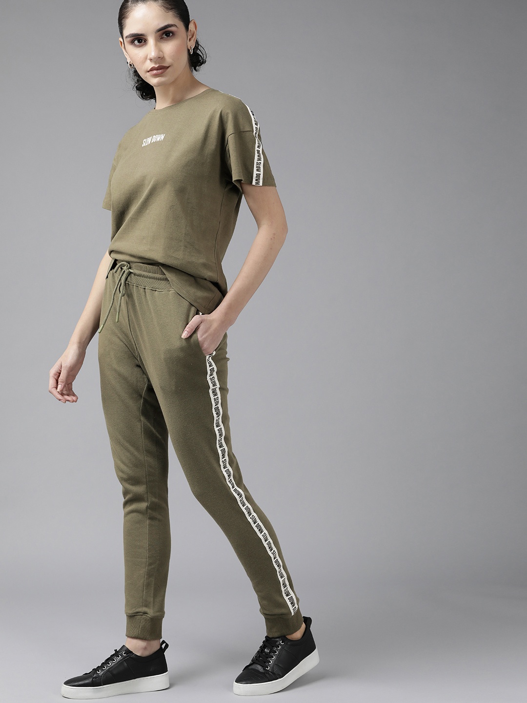

Roadster Women Olive Green Printed T-shirt with Joggers
