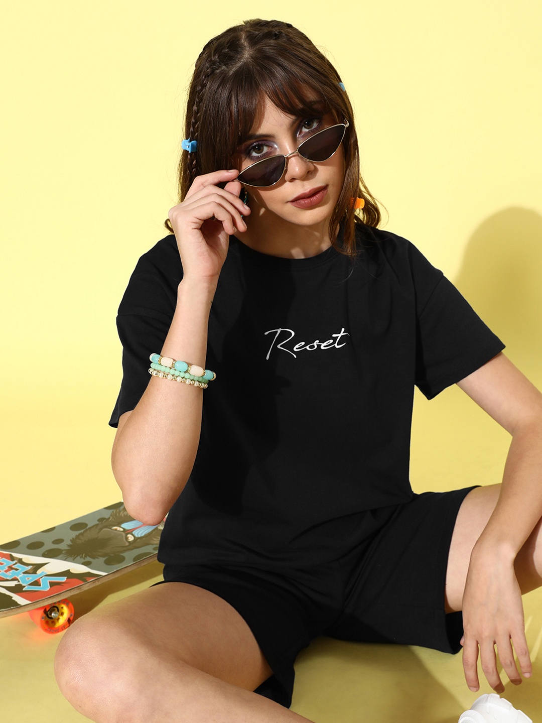 

Roadster Women Black Longline Oversized T-shirt with Shorts