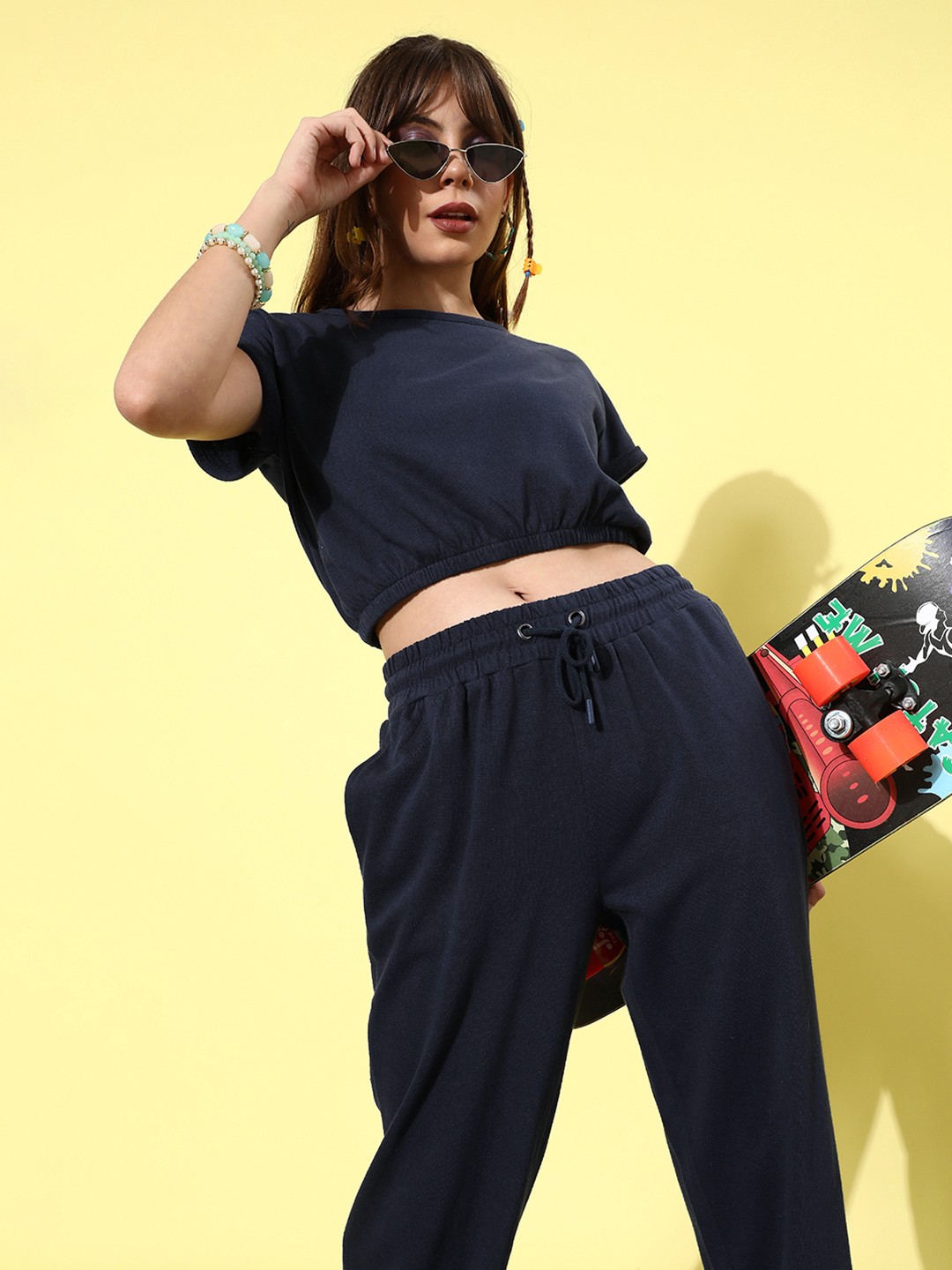 

Roadster Women Blue Boxy Crop Top with Relaxed Fit Joggers