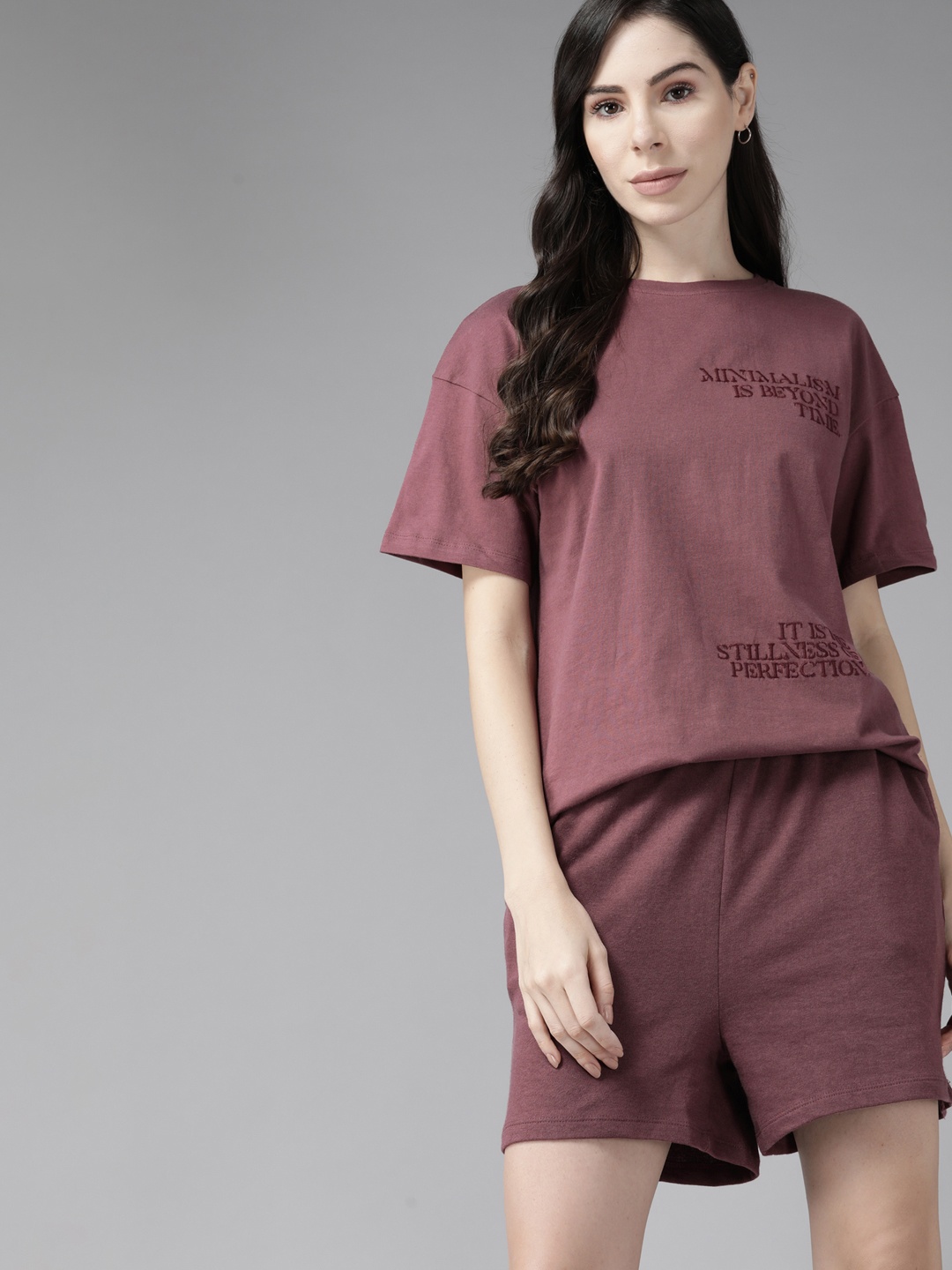 

Roadster Women Burgundy Embroidered T-Shirt & Shorts Set
