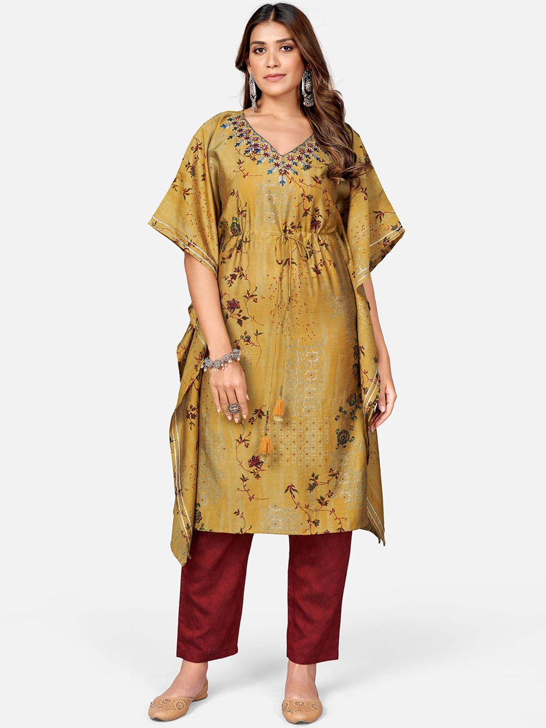 

Vbuyz Women Mustard Yellow Floral Embroidered Pleated Kurti with Trousers