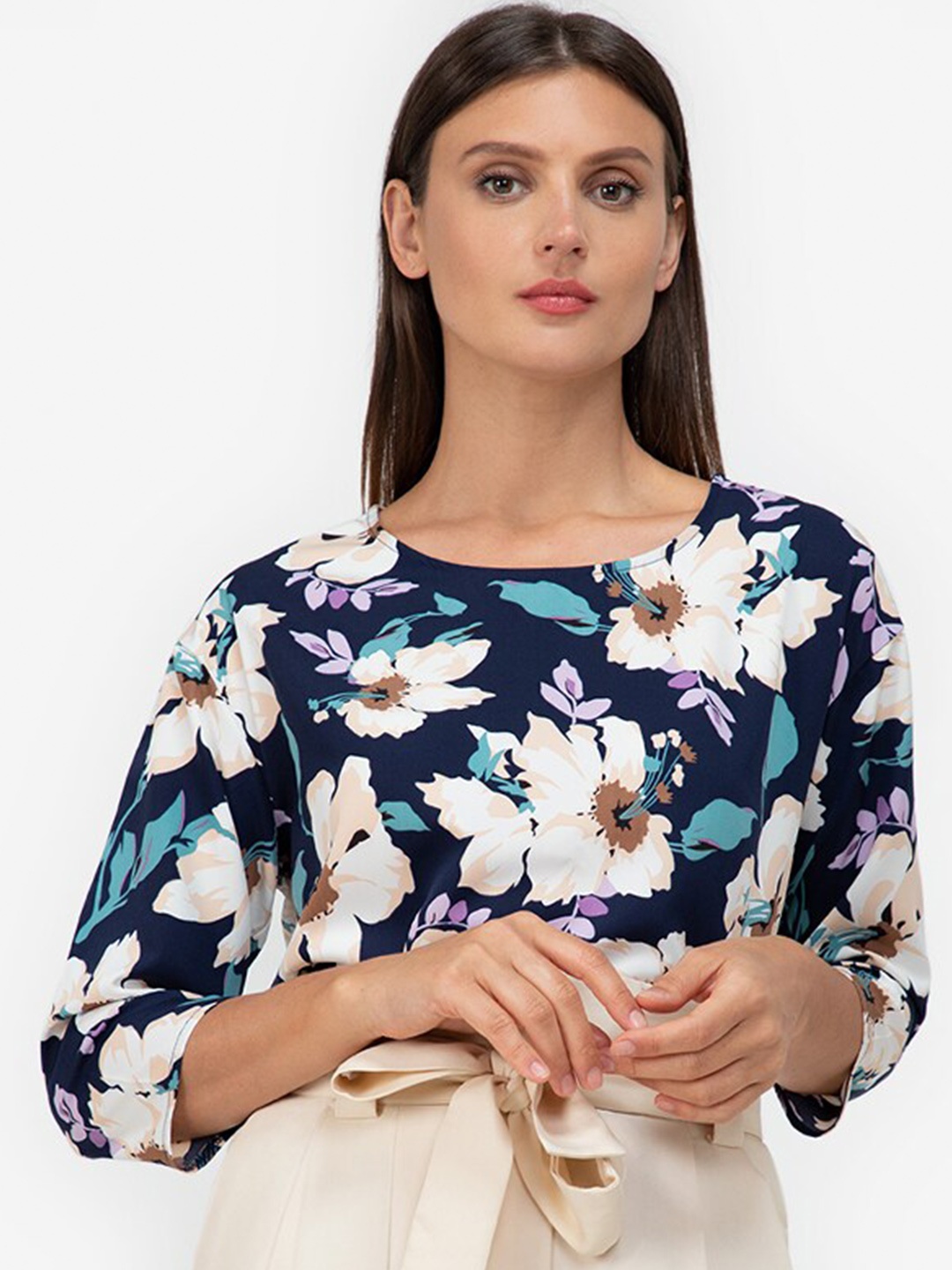 

ZALORA WORK Women Blue & Off White Floral Print Top