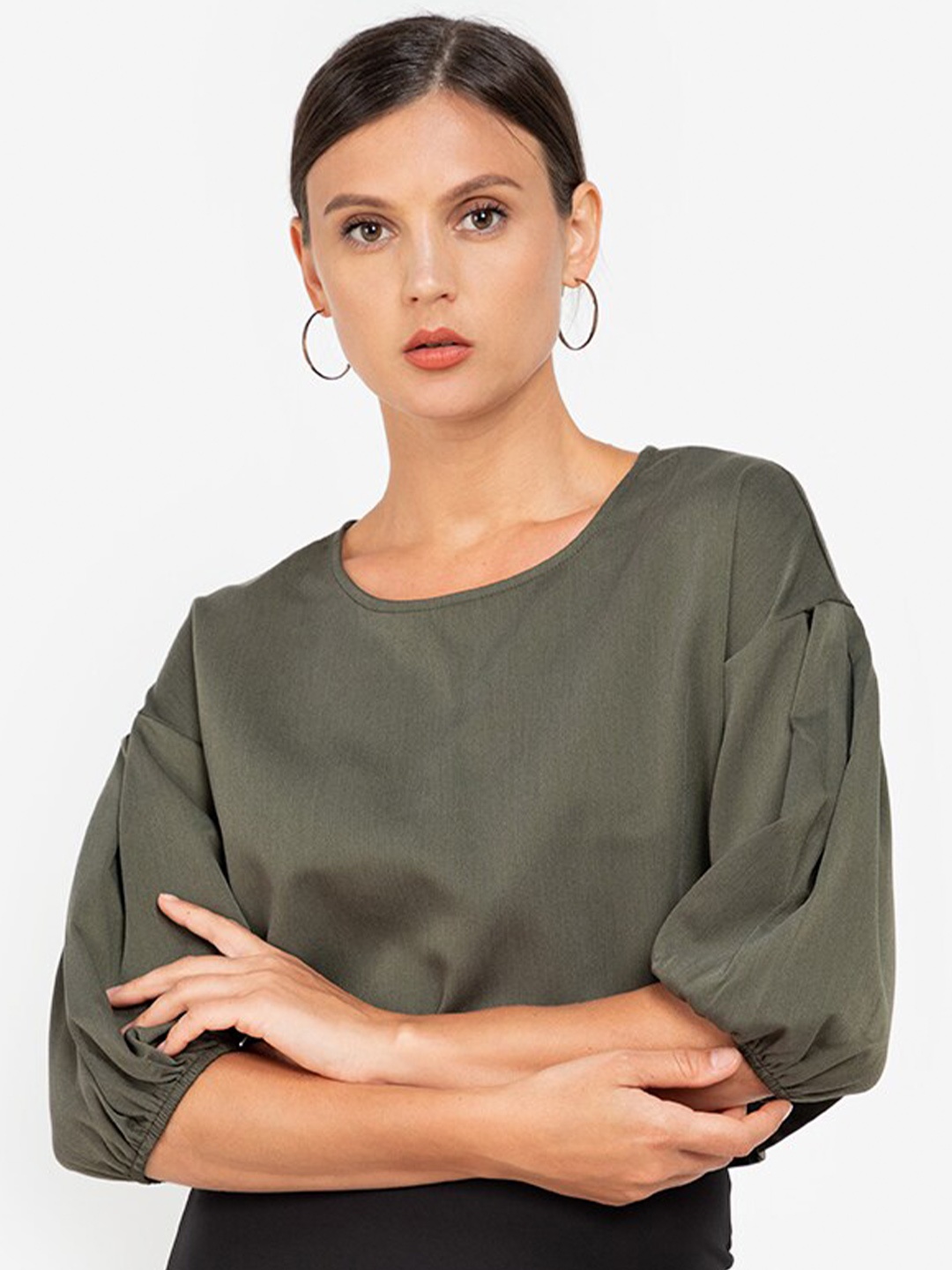 

ZALORA WORK Women Green Bishop Sleeves Crop Top