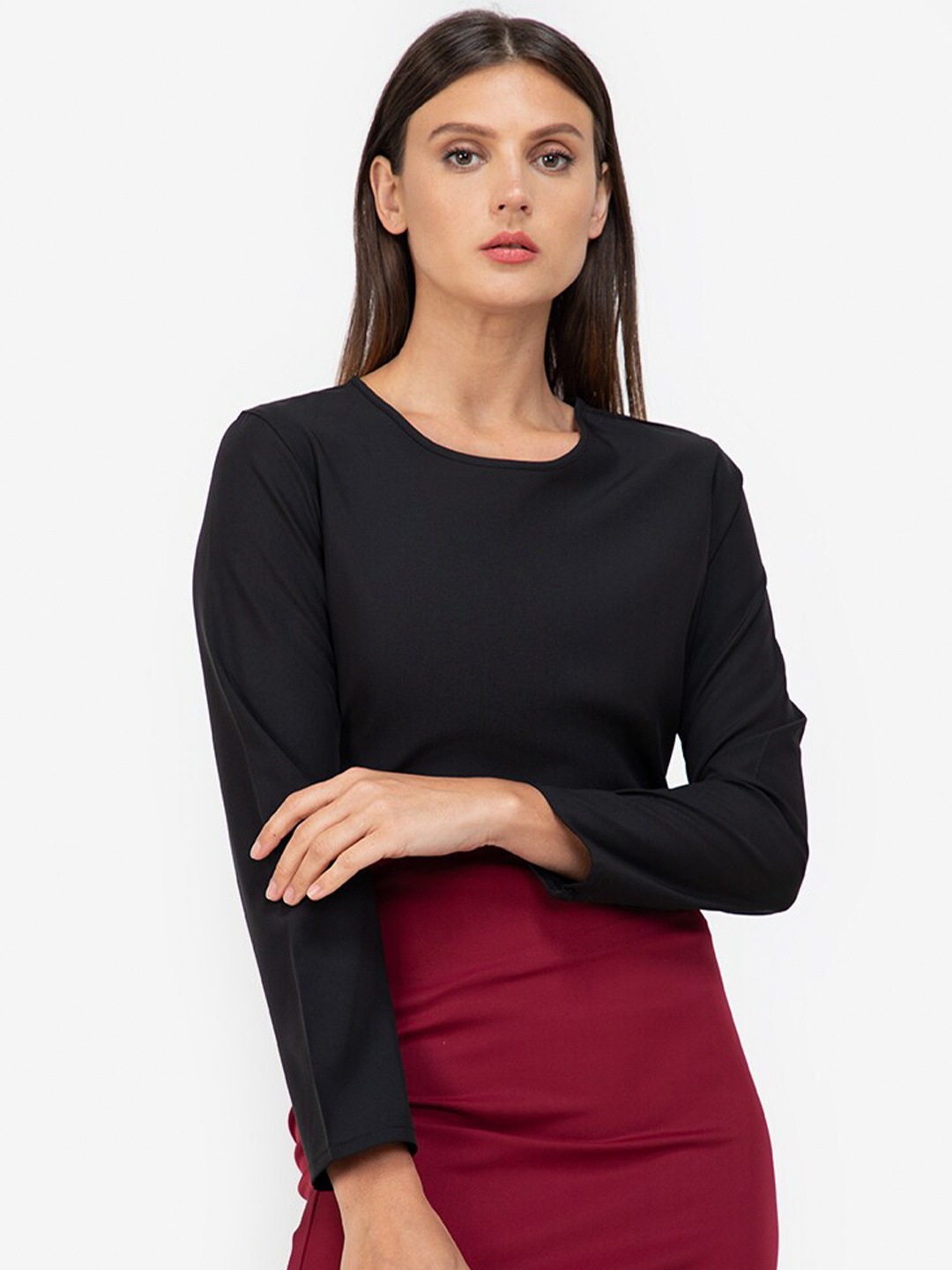 

ZALORA WORK Women Black Solid Round Neck Long Sleeve Top