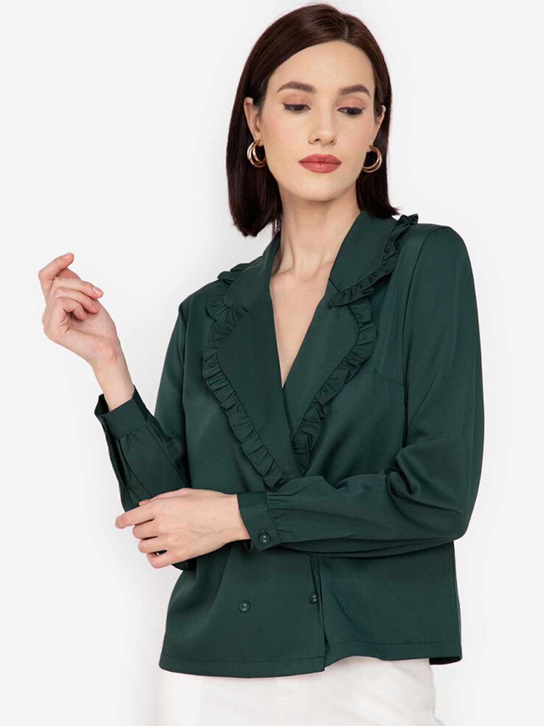 

ZALORA WORK Women Green Frill Detail Lapel Top