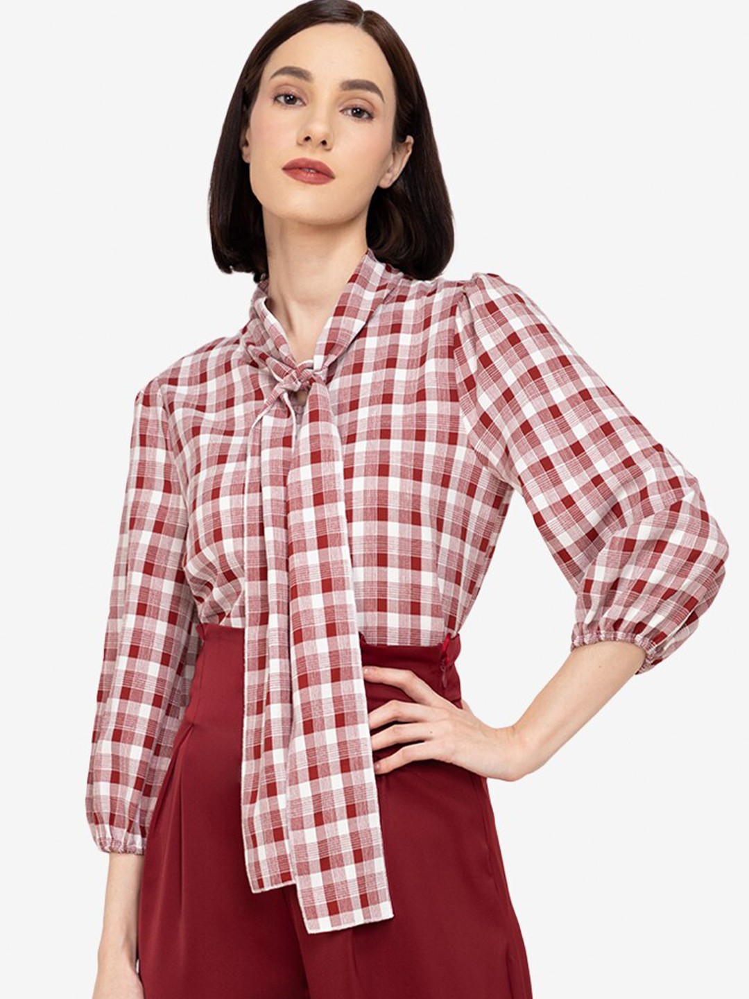 

ZALORA WORK Women Multicoloured Checked Tie-Up Neck Top, Multi