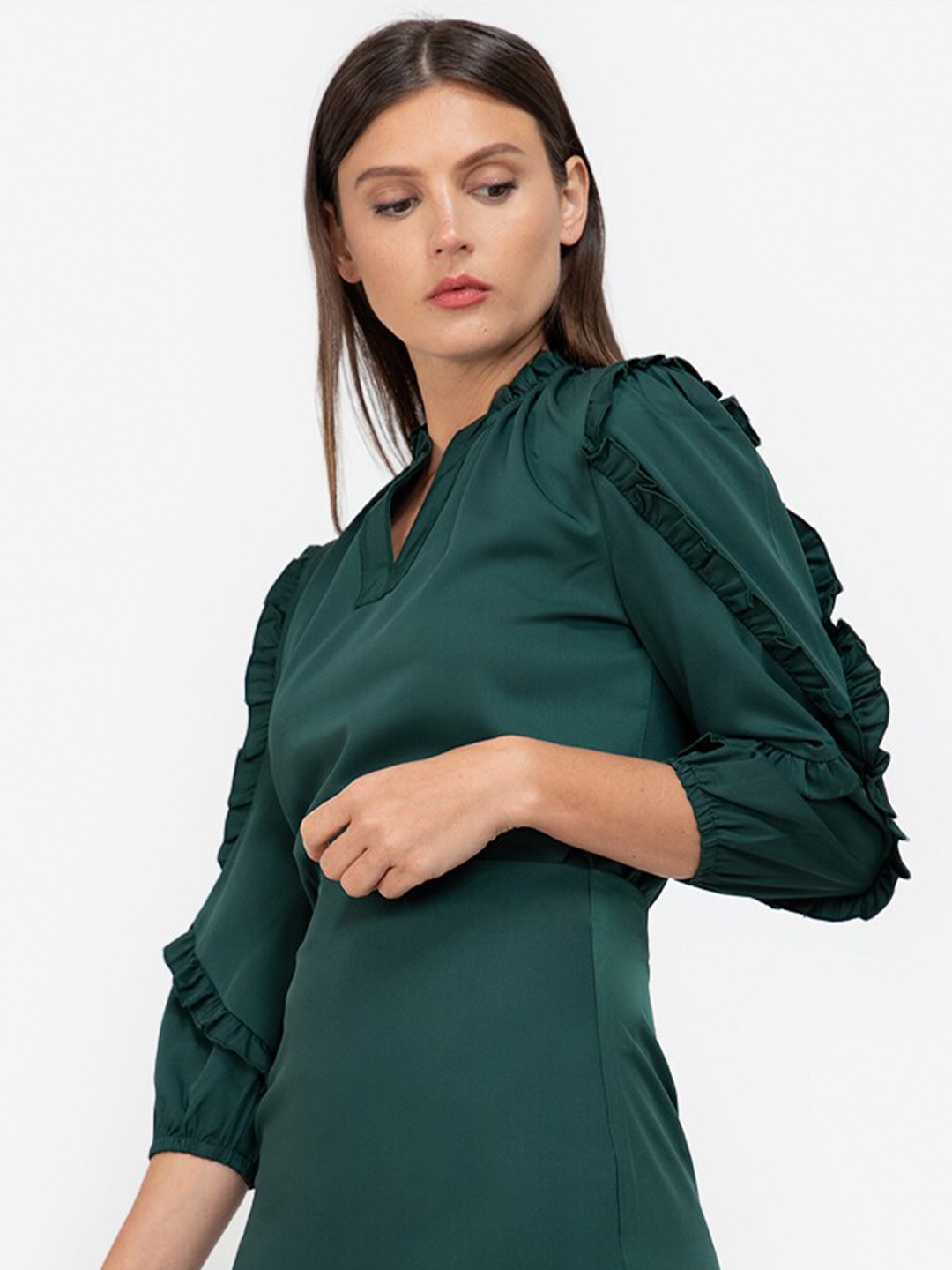 

ZALORA WORK Women Green Mandarin Collar Bishop Sleeves Frilled Top