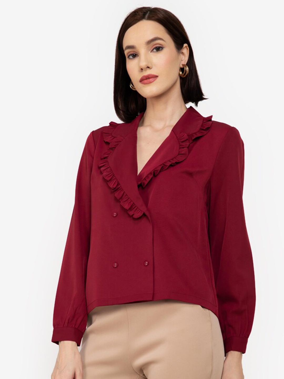 

ZALORA WORK Women Red Frill Detail Above The Keyboard Collar Top