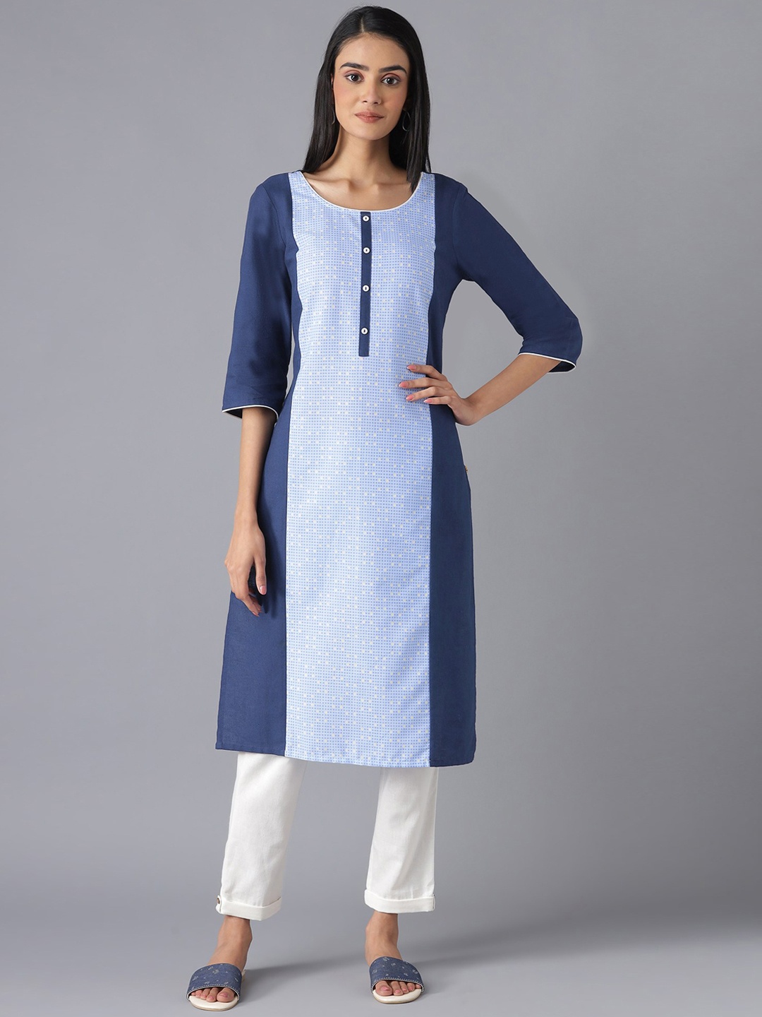 

Aurelia Women Blue Solid Cotton Blend Kurta Set with Trousers
