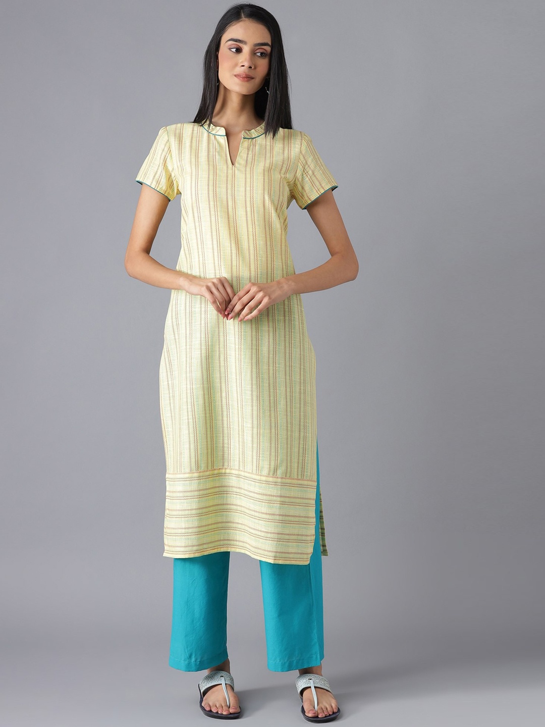 

AURELIA Women Yellow Striped Pure Cotton Kurta with Palazzos